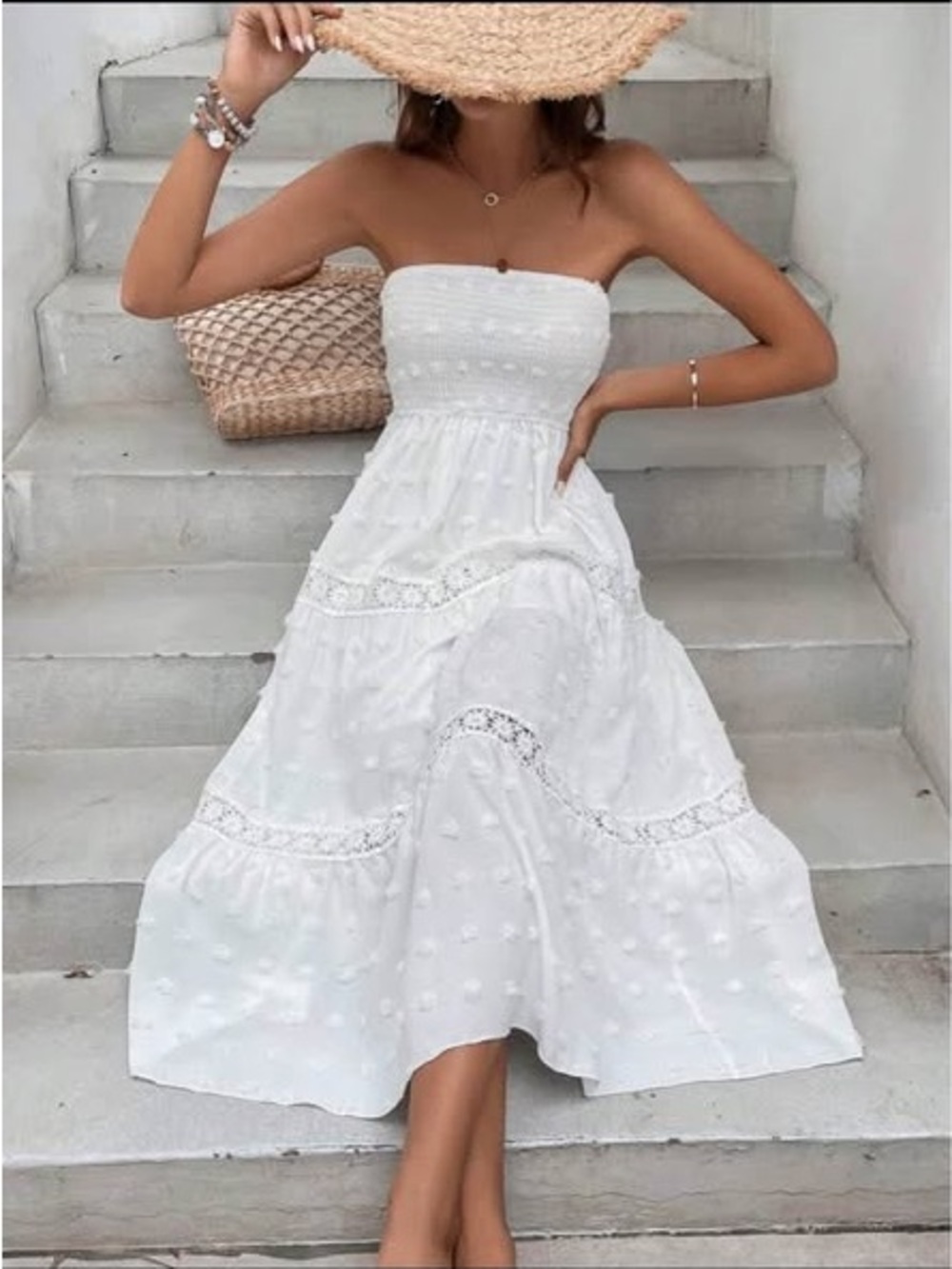 aerie White Strapless Eyelet Midi Sundress Mesh Textured